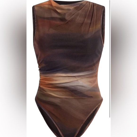 Tie Dye Cowl Neck Sleeveless Ruched Mesh Skinny Bodysuit Tank - Picture 4 of 13